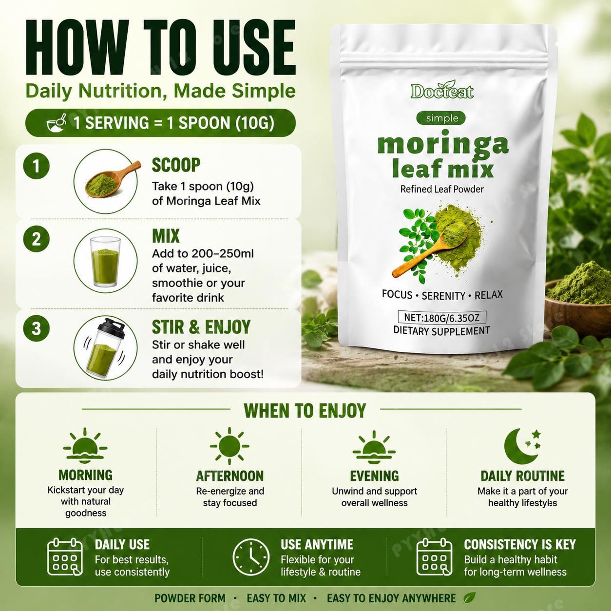 Moringa Leaf Powder - Docteat Moringa-Blattmischpulver mit Kalzium und Eisen